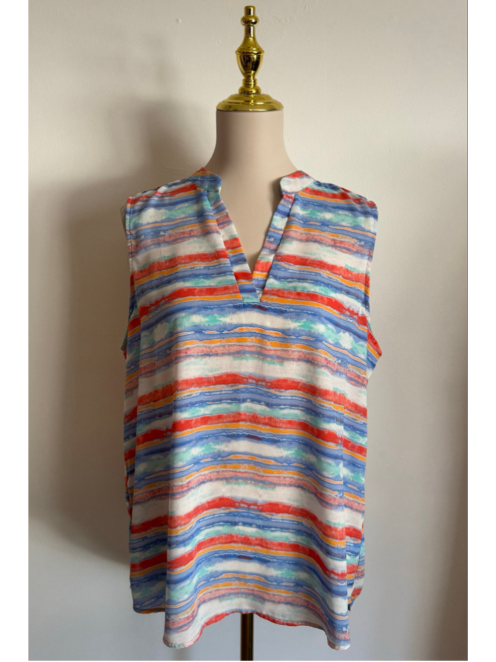 Women's CURE. Sleeveless Blouse XL White Blue Striped V-Neck Top